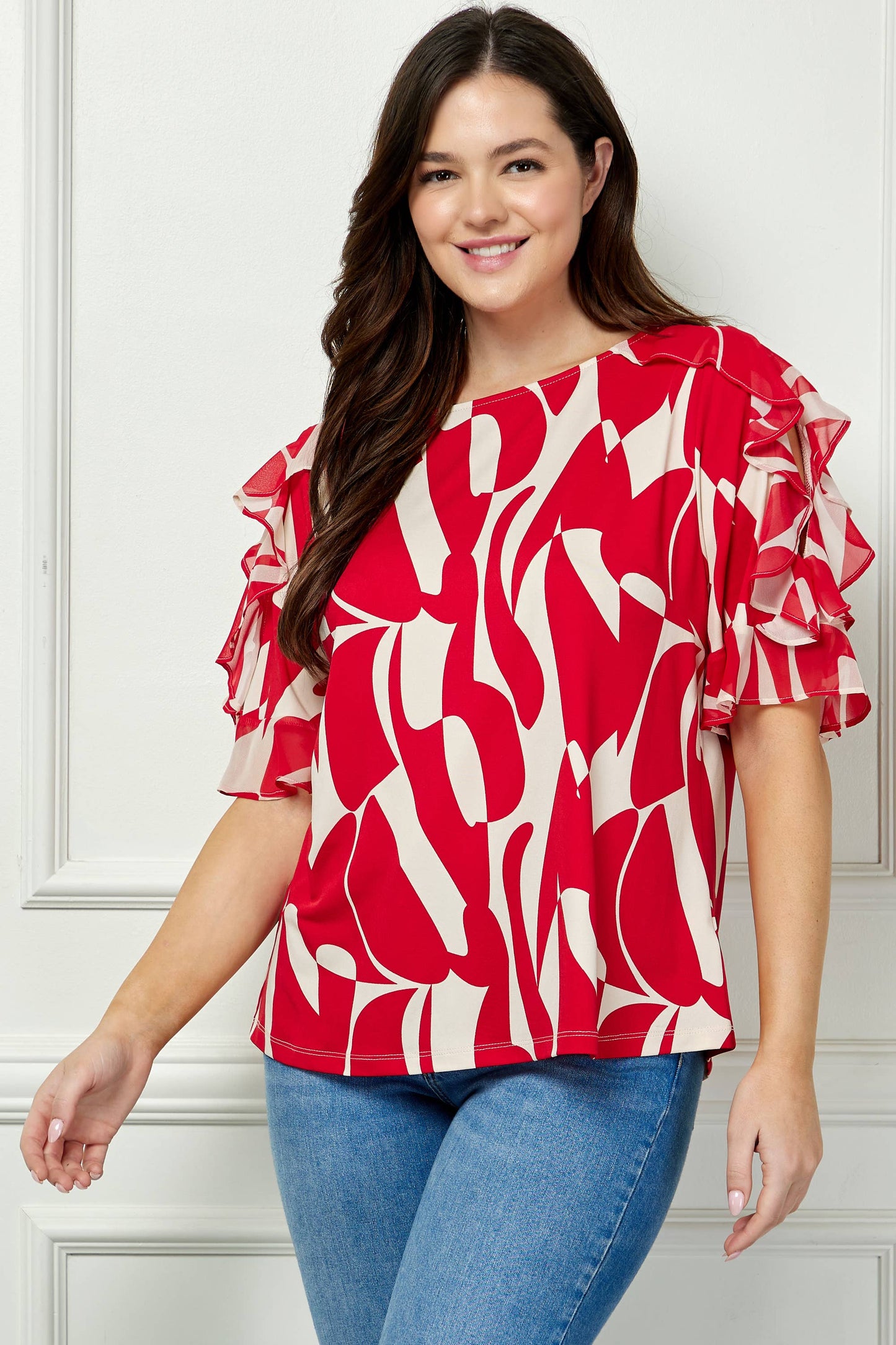 Plus Size Wildly Abstract Boatneck Top with Ruffle Sleeves