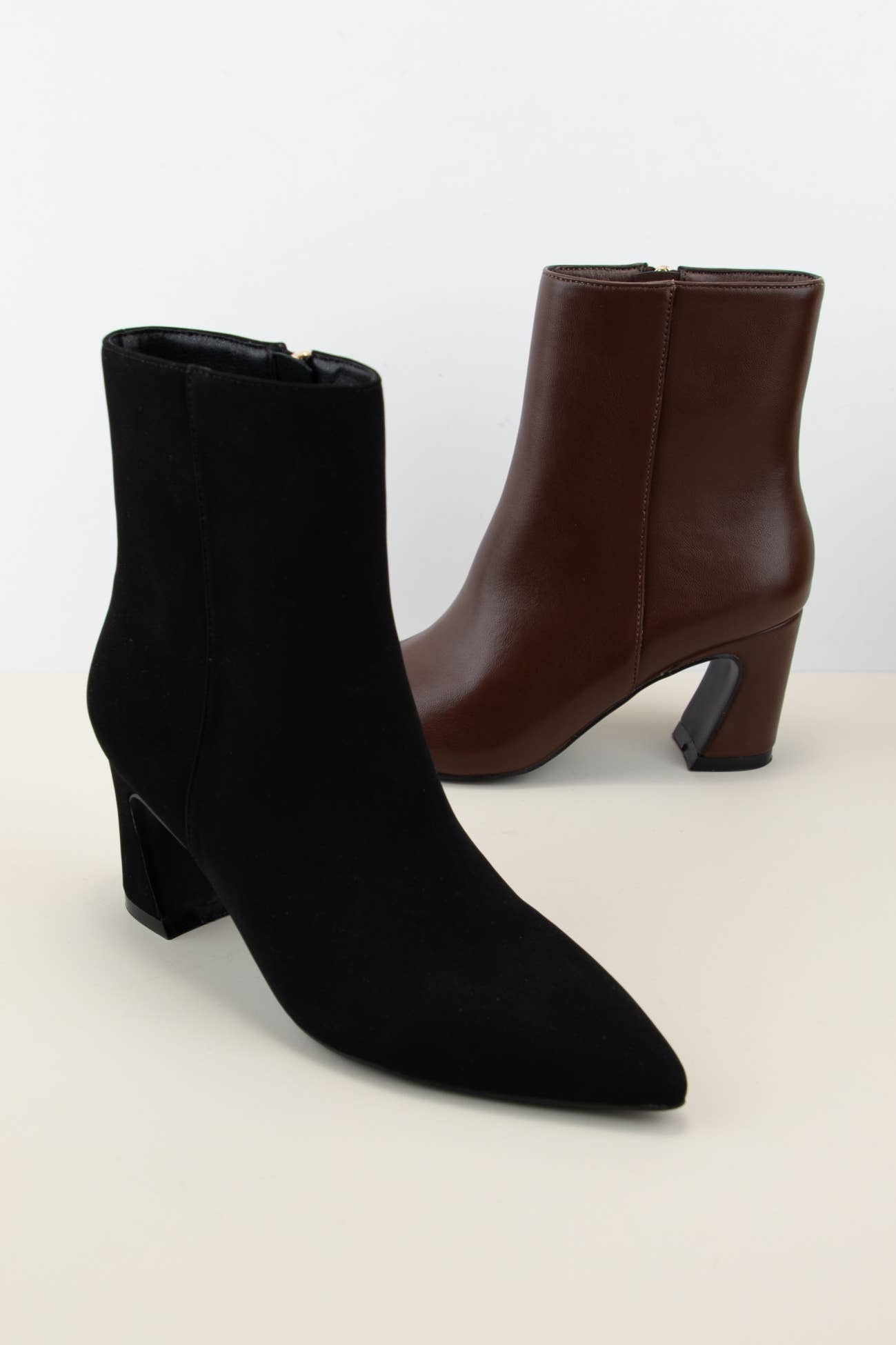 Pointed Toe Block Heel Booties – Faux PU/Nubuck, Zip-Up Slim Fit