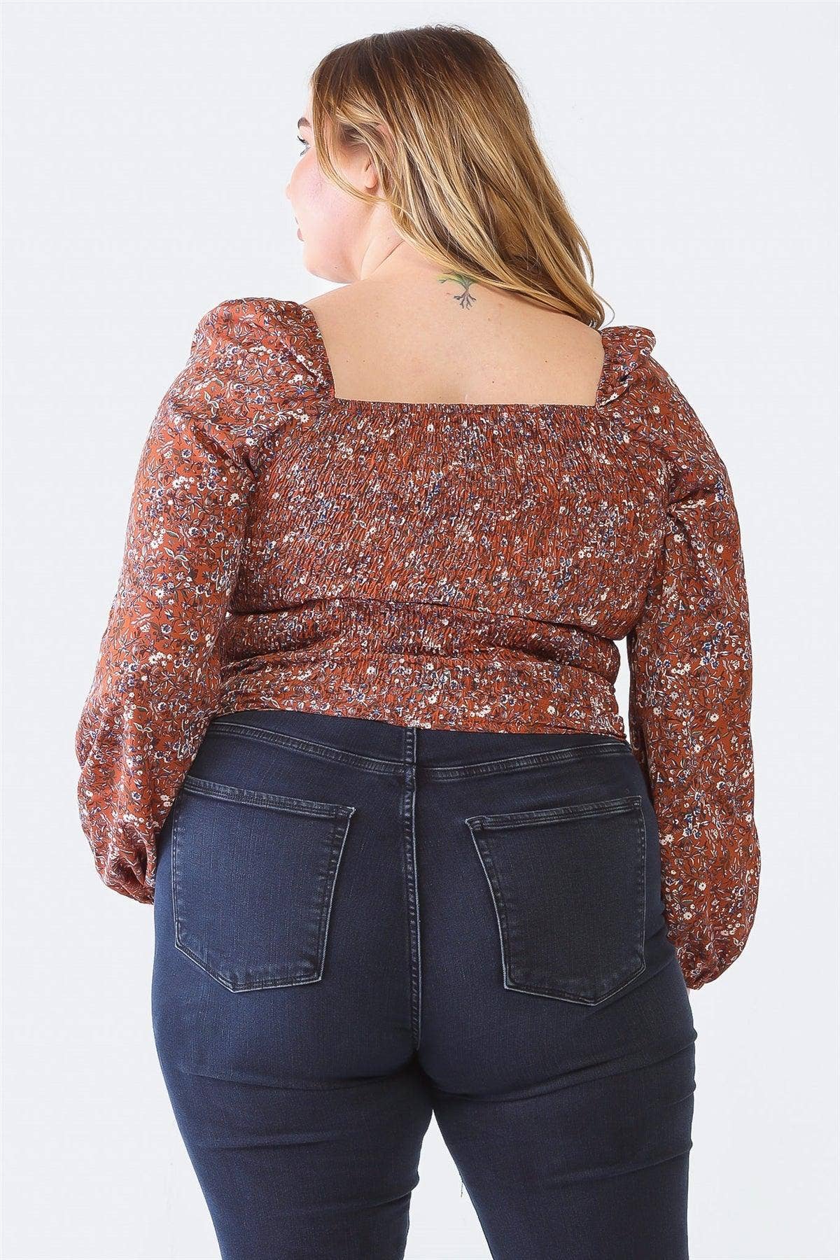 Plus Size Floral Print Square Neck Top – Smocked Back Long Sleeve Blouse