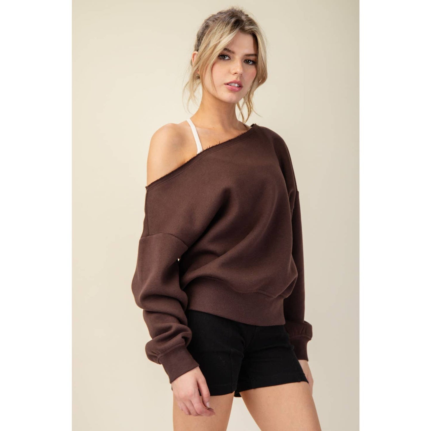 FRENCH TERRY FLEECE OFF SHOULDER TOP