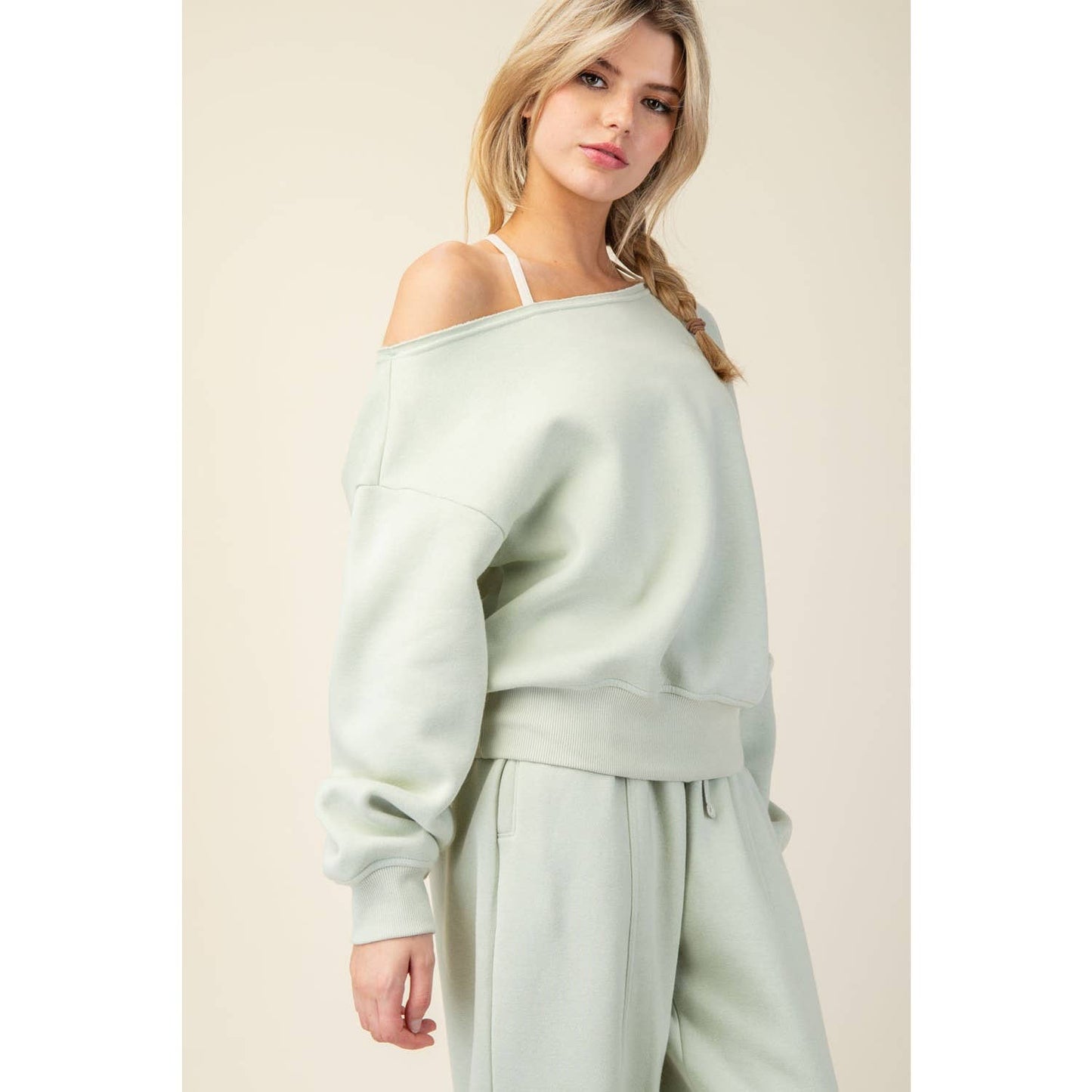 FRENCH TERRY FLEECE OFF SHOULDER TOP