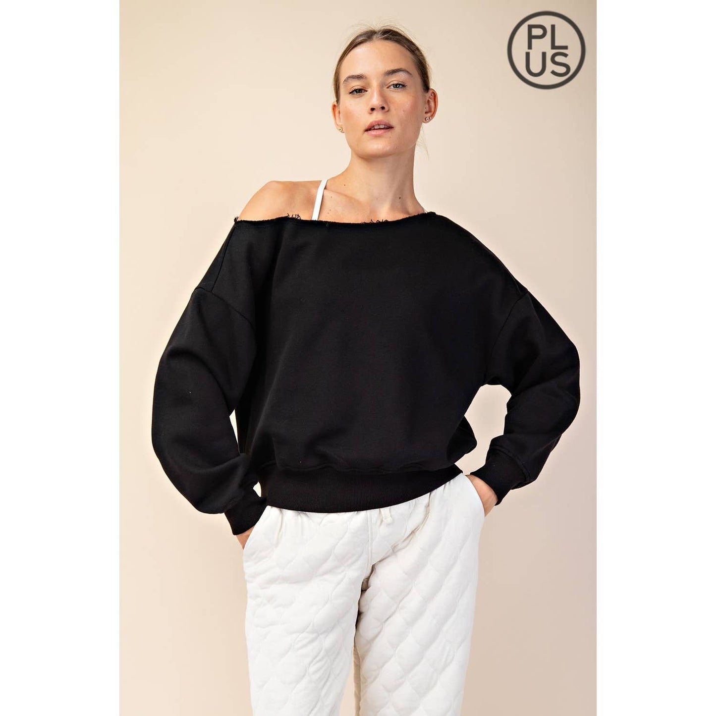 FRENCH TERRY FLEECE OFF SHOULDER TOP - Plus/Curvy
