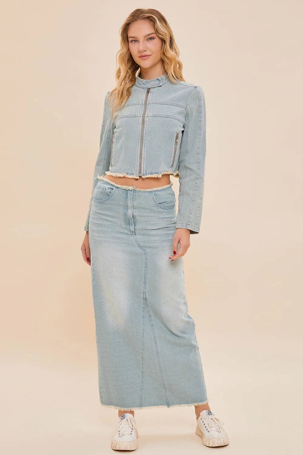 Frayed Back Slit Maxi Denim Skirt