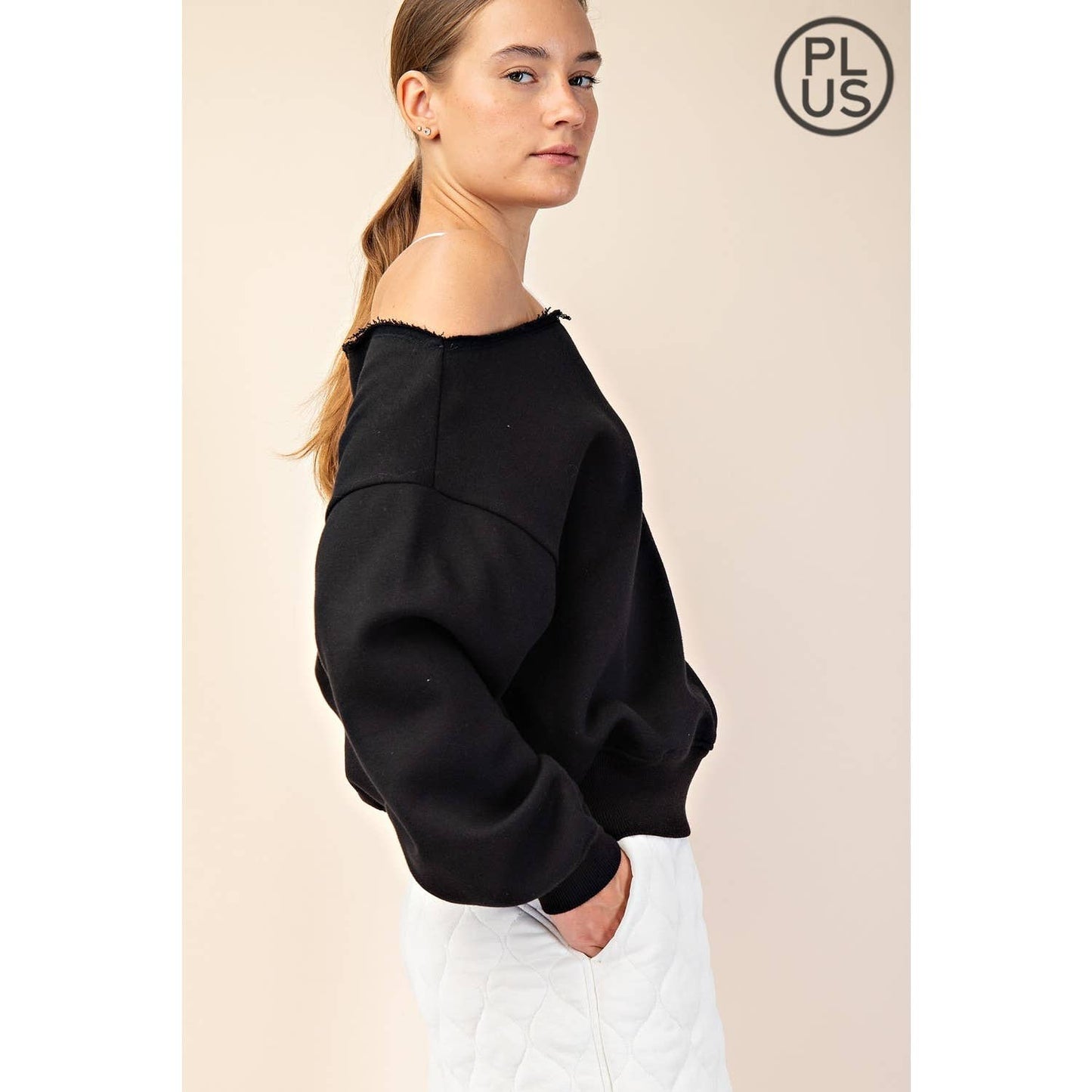 FRENCH TERRY FLEECE OFF SHOULDER TOP - Plus/Curvy