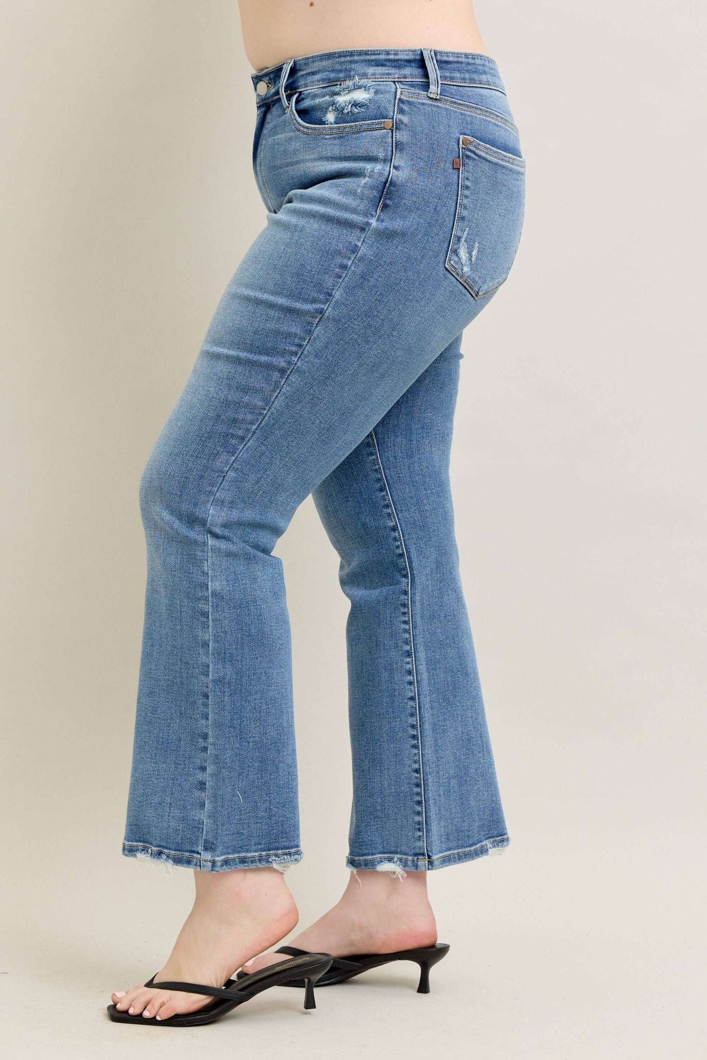 Judy Blue Plus Size Mid Rise Vintage Wash Bootcut Jeans with Distressed Hem