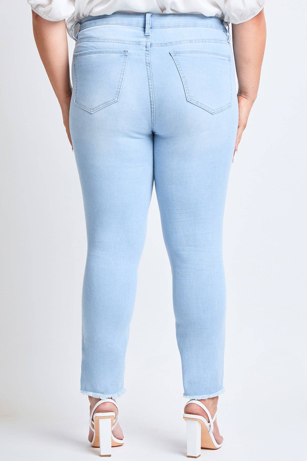 Plus Size Tummy Control Skinny Jeans – Double Slanted Frayed Hem, Distressed, High Rise