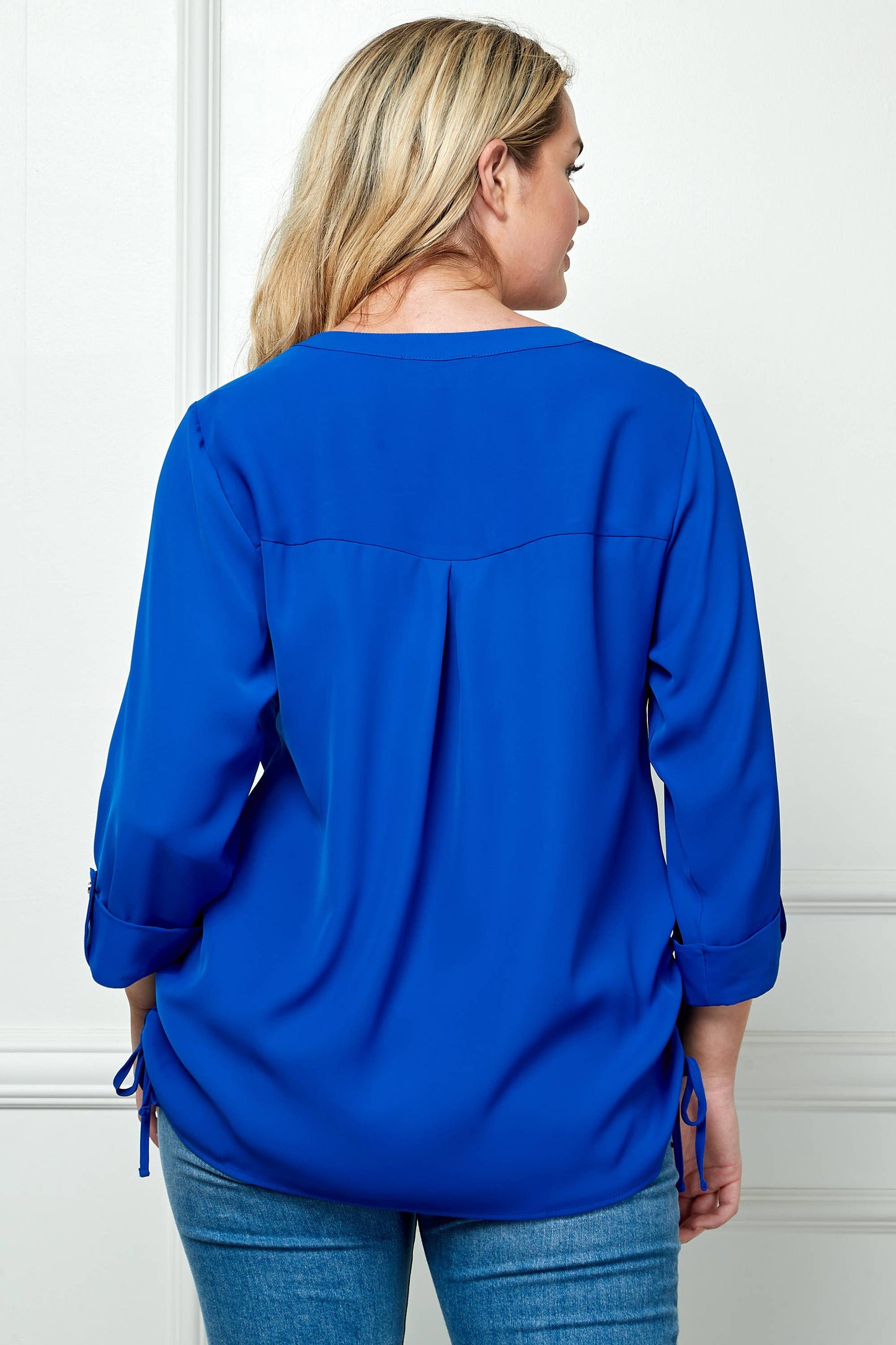 Plus Size Tab Sleeve Mandarin Collar Button Front Shirt