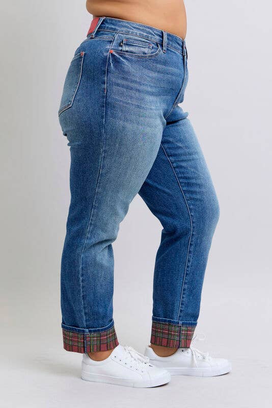 MR Plaid Print Cuff Boyfriend Jeans by Judy Blue – Plus Size