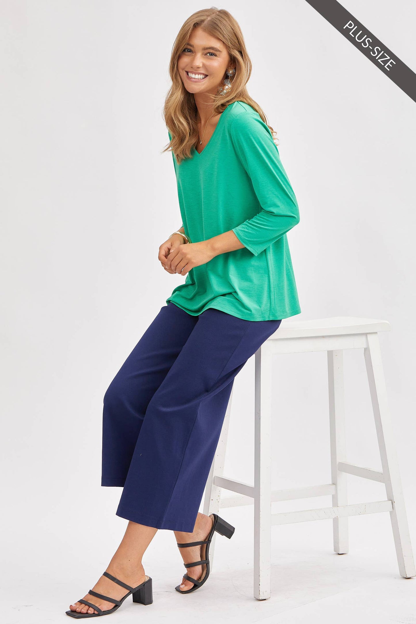Plus Size Signature Classic V-Neck Top – Wrinkle-Free 3/4 Sleeve Stretch Blouse