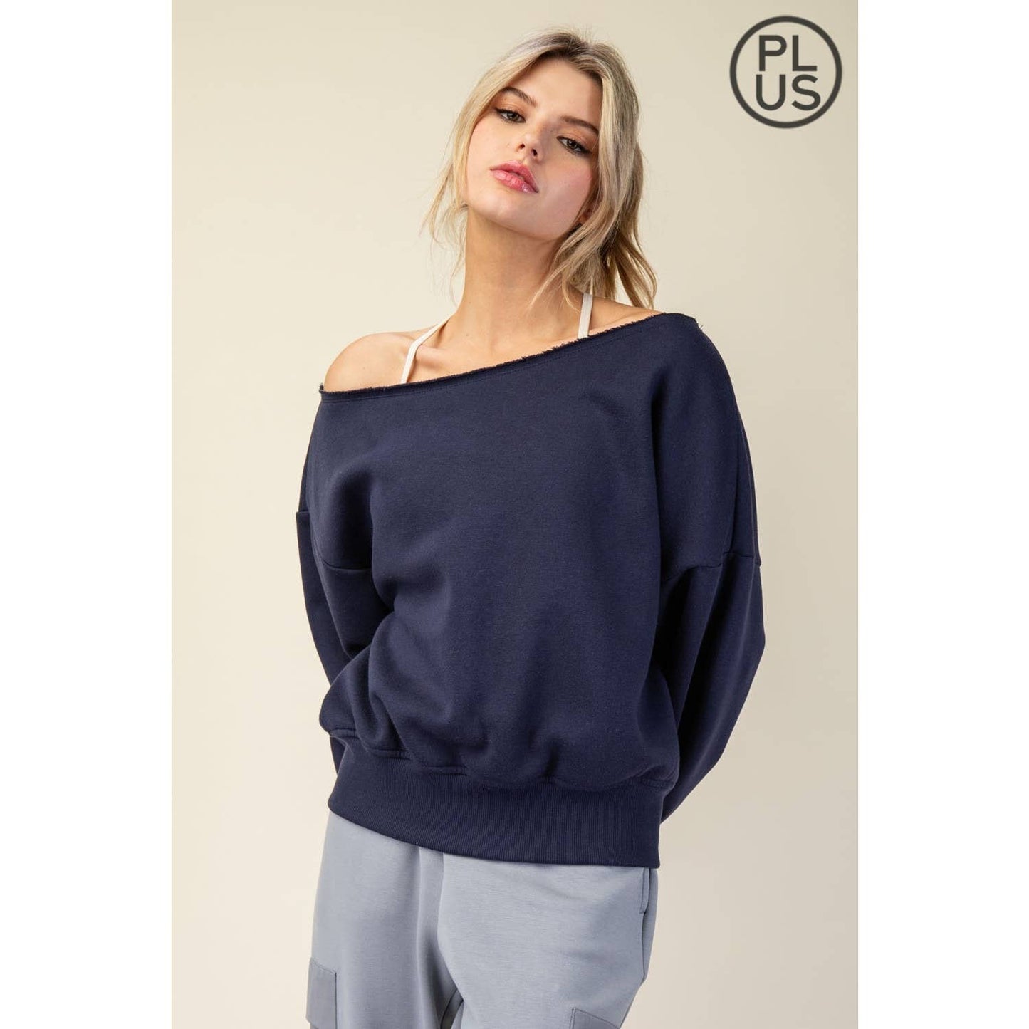 FRENCH TERRY FLEECE OFF SHOULDER TOP - Plus/Curvy
