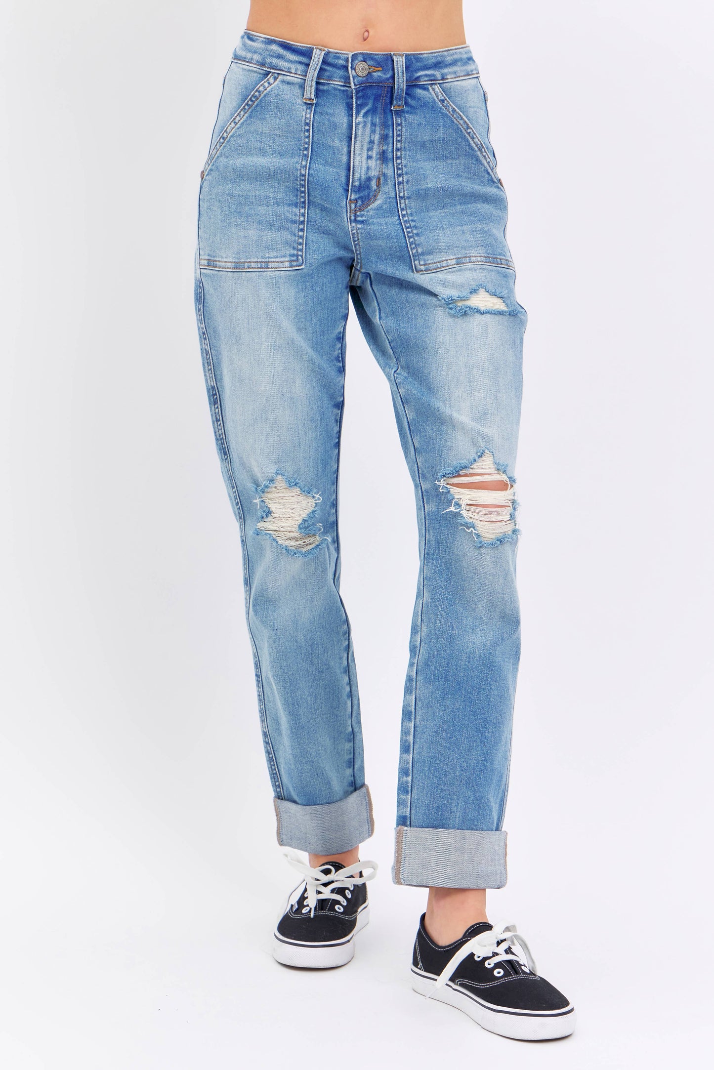 Judy Blue Plus Size High Waisted Distressed Boyfriend Jeans with Patch Pockets
