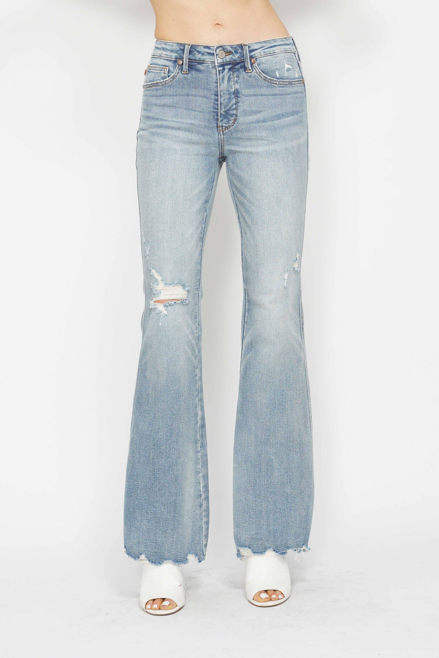 Judy Blue Mid-Rise Tummy Control Destroyed Flare Jeans