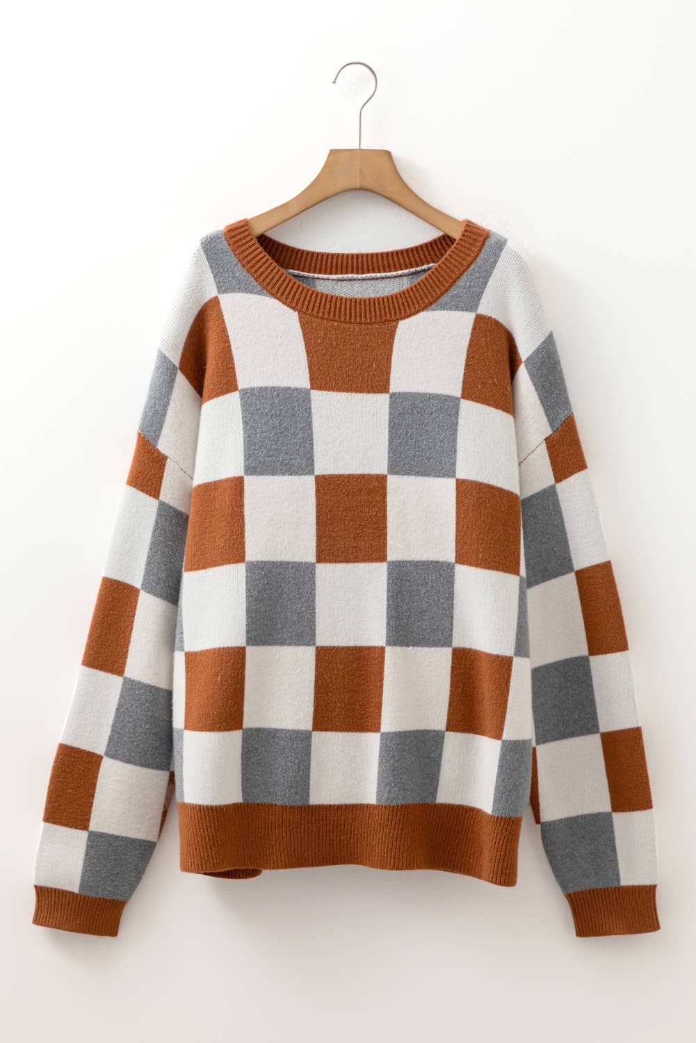 Brown Colorblock Checkered Drop Sleeve Sweater – Plus Size