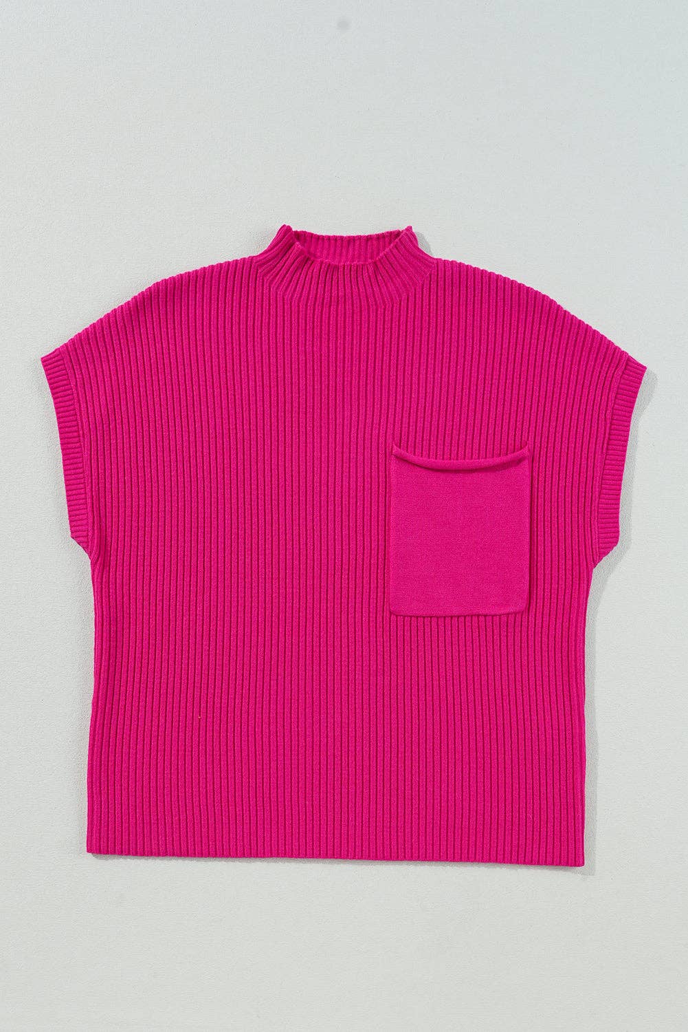Ribbed Knit Short Sleeve Sweater with Patch Pocket