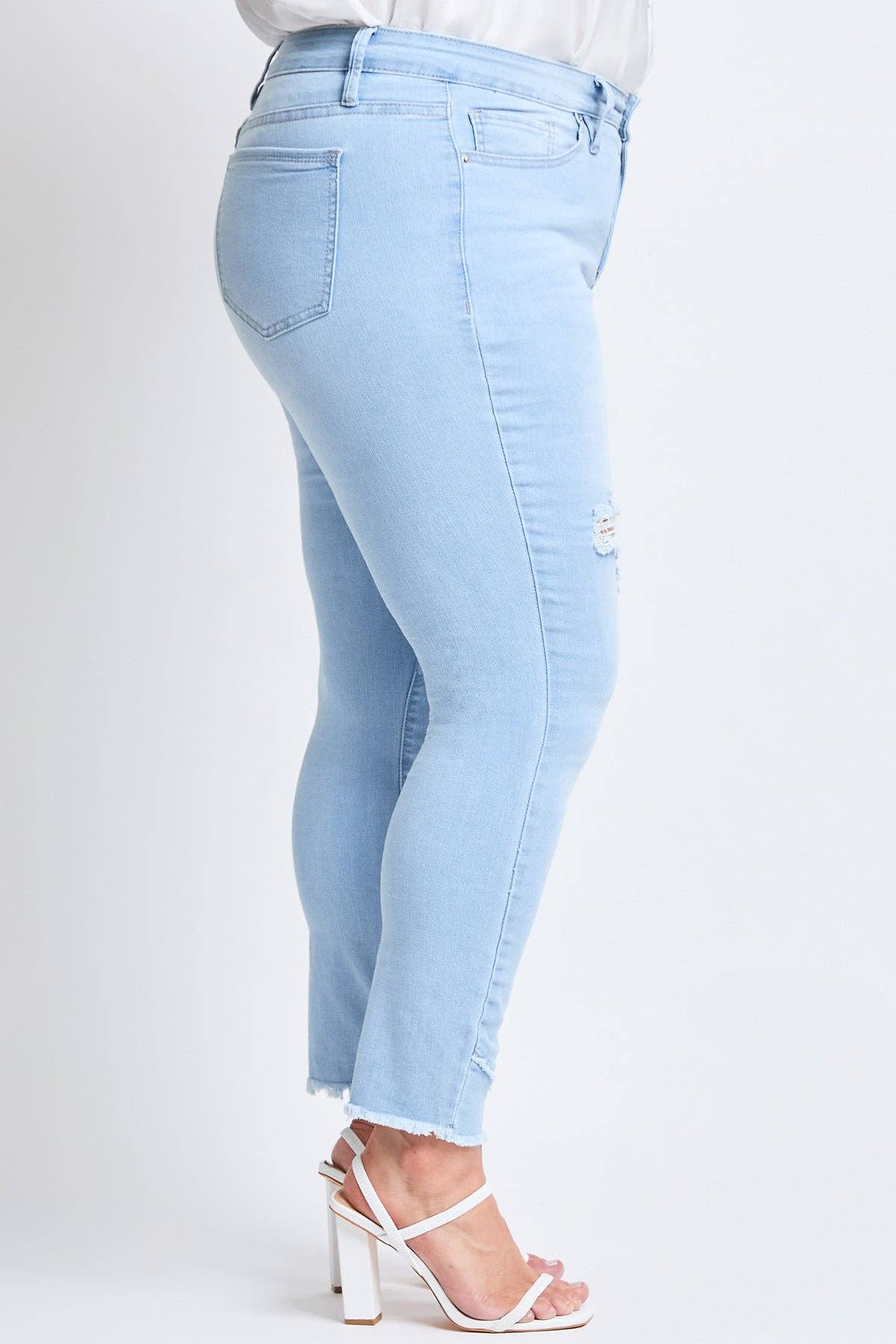 Plus Size Tummy Control Skinny Jeans – Double Slanted Frayed Hem, Distressed, High Rise