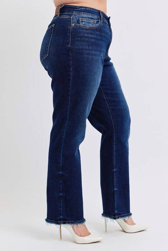 Judy Blue Plus Size Mid Rise Straight Leg Jeans with Fray Hem