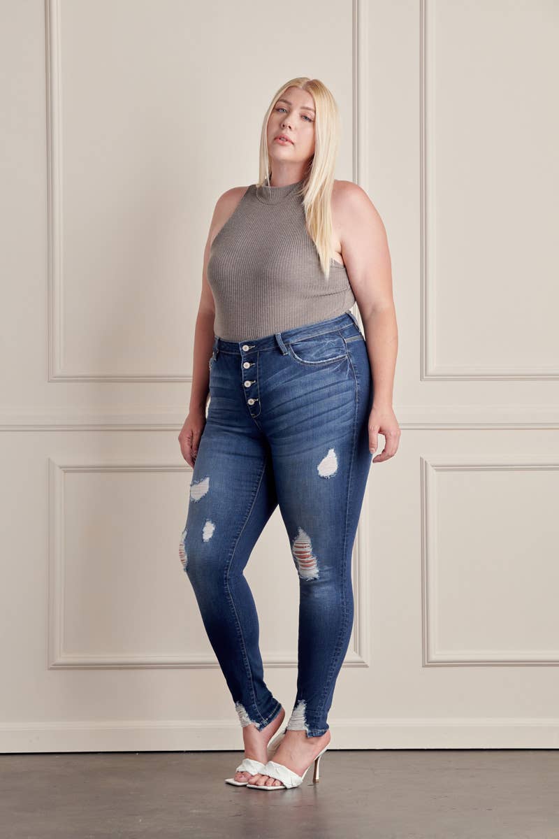 Plus High Rise Button Up Cuffed Super Skinny Jeans