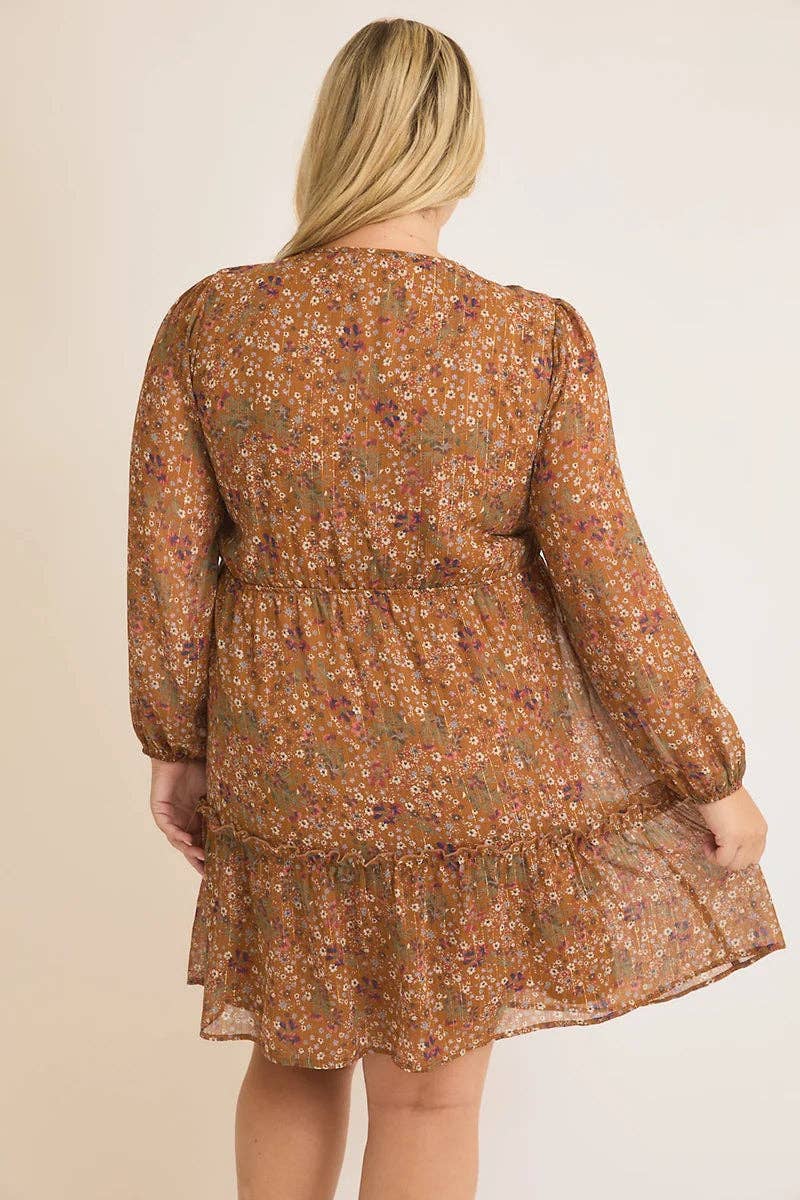 Plus Size Floral Shirring Detail Long Sleeve Mini Dress