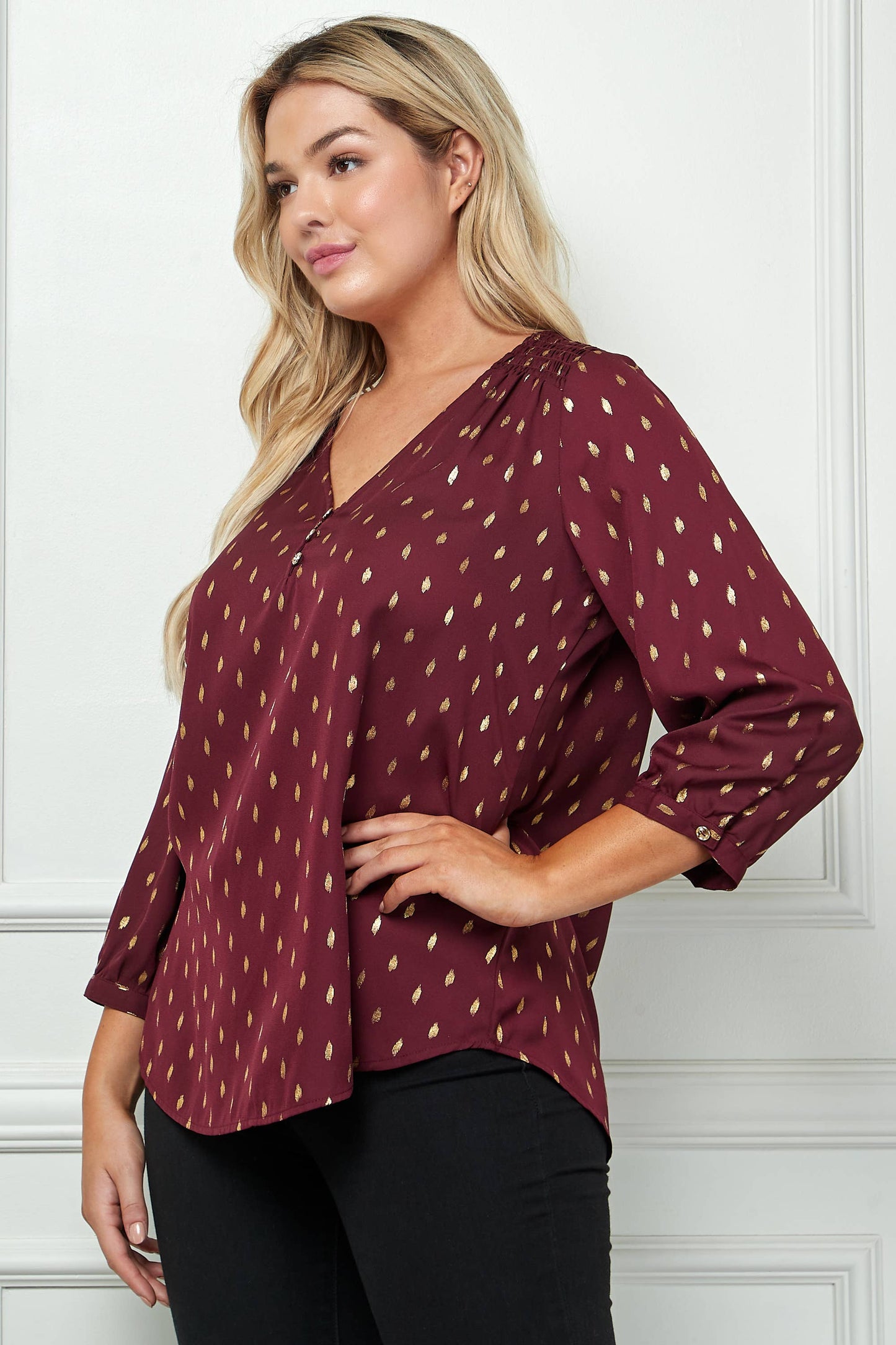 Plus Size Gold Dash Foil Blouse – Cuff Sleeve Smock Shoulder V-Neck
