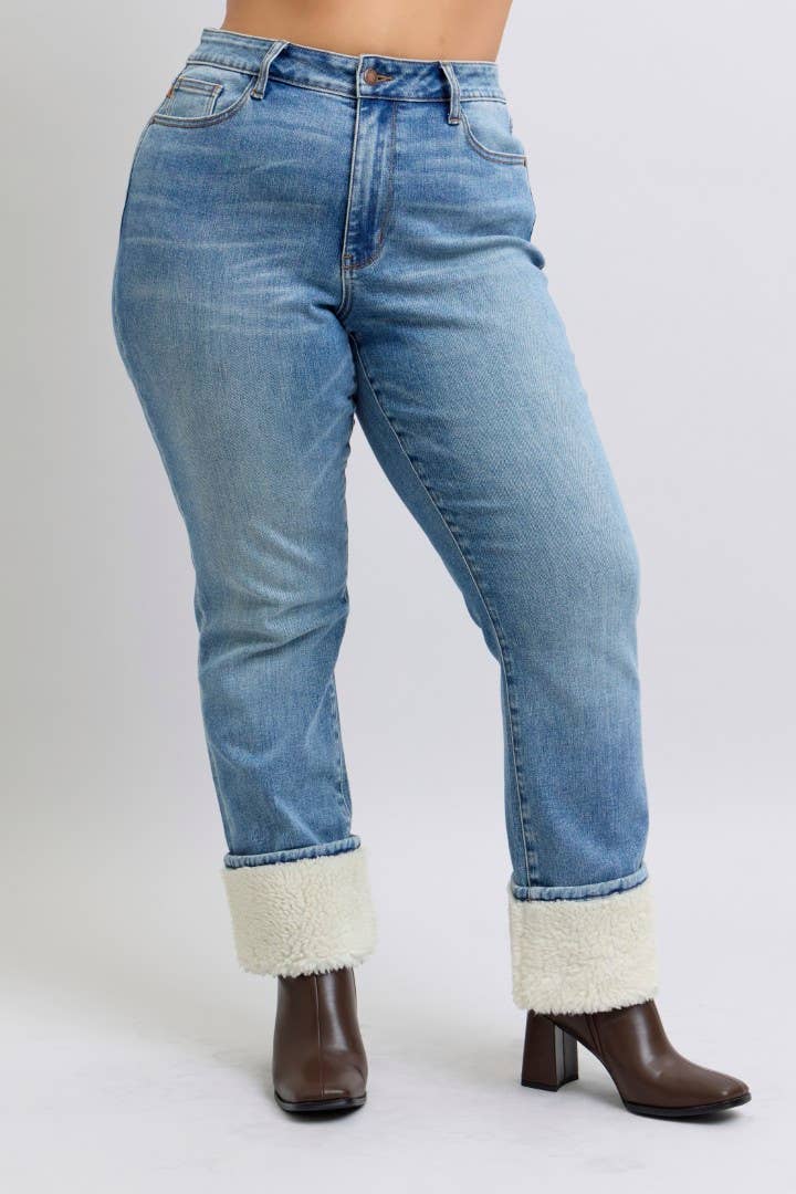 Judy Blue Plus Size High Waisted Shearling Cuff Straight Jeans