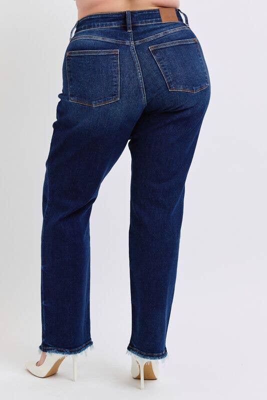 Judy Blue Plus Size Mid Rise Straight Leg Jeans with Fray Hem