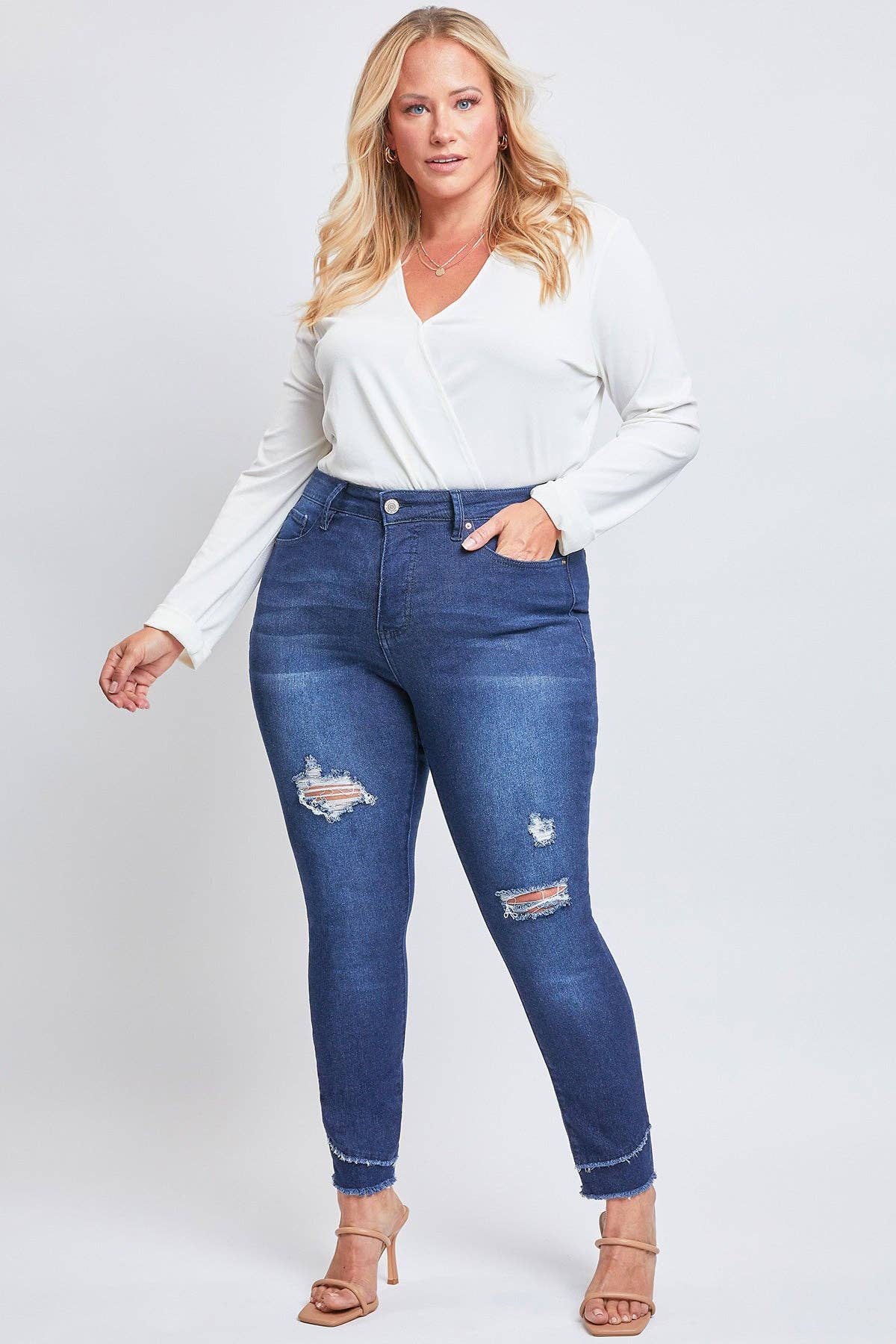 Plus Size Tummy Control Skinny Jeans – Double Slanted Frayed Hem, Distressed, High Rise