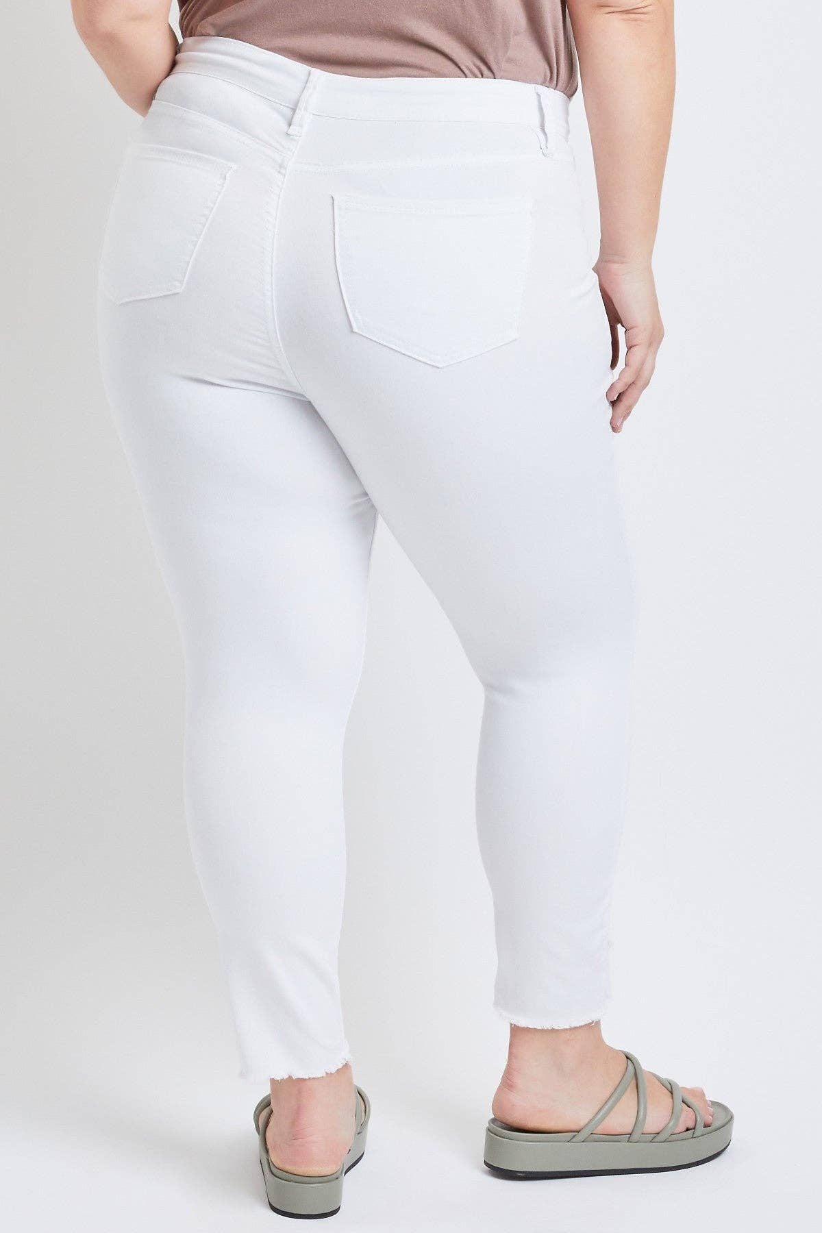 Plus Size Tummy Control Skinny Jeans – Double Slanted Frayed Hem, Distressed, High Rise