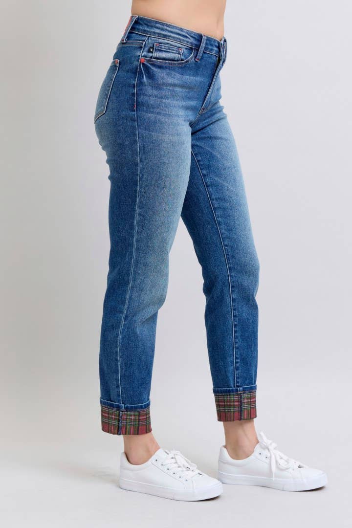 MR Plaid Print Cuff Boyfriend Jeans by Judy Blue – Medium Wash, Cuffed or Uncuffed