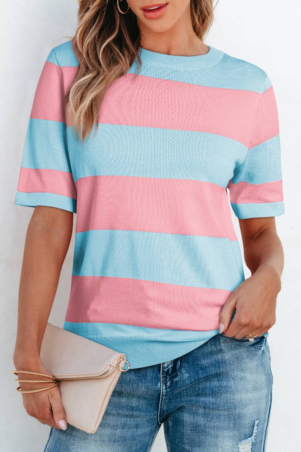 Sky Blue Stripe Colorblock Striped Knitted T-shirt