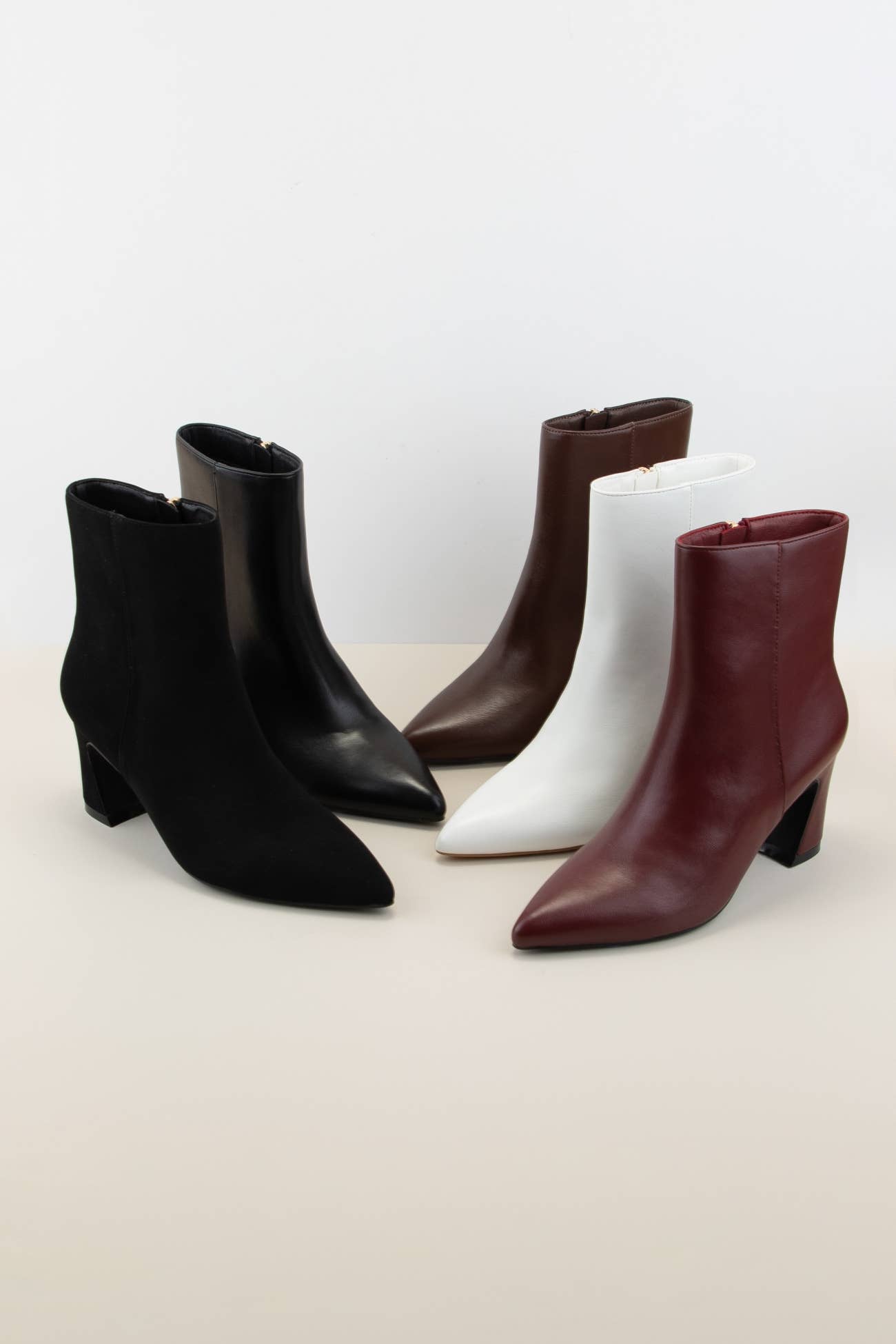 Pointed Toe Block Heel Booties – Faux PU/Nubuck, Zip-Up Slim Fit