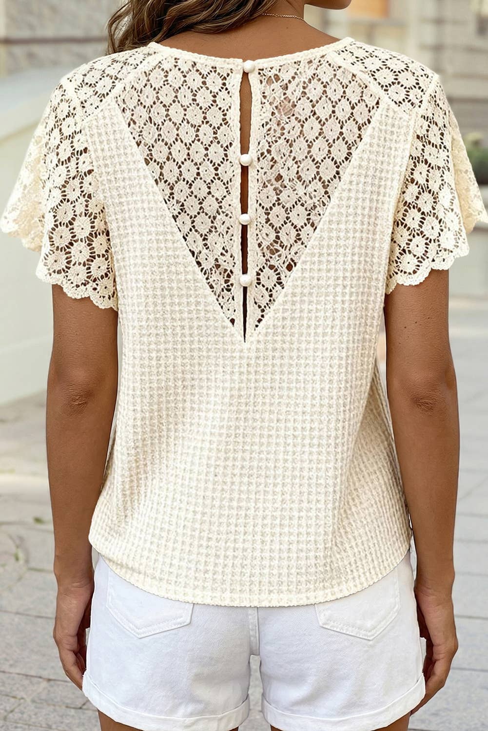 V Neck Textured Knit Floral Lace Short Sleeve Top