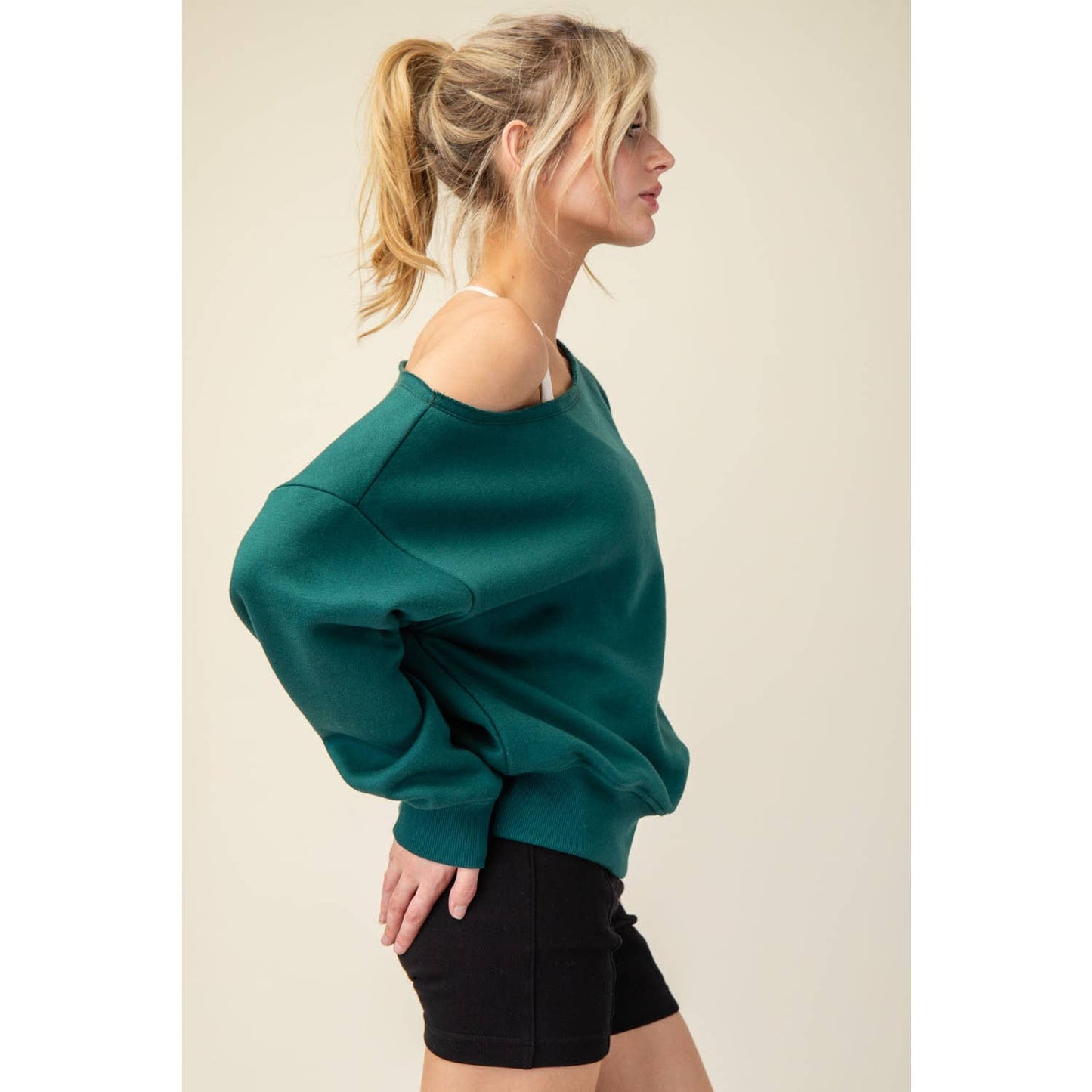 FRENCH TERRY FLEECE OFF SHOULDER TOP