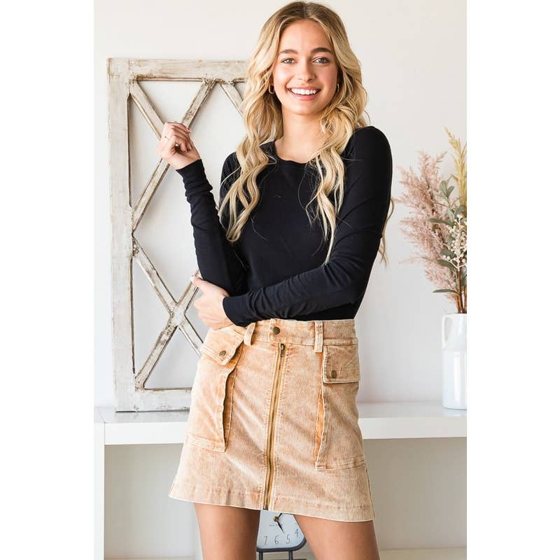Mineral Washed Corduroy Mini Skirt with Zipper Detail