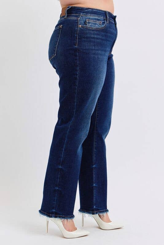 Judy Blue Plus Size Mid Rise Straight Leg Jeans with Fray Hem