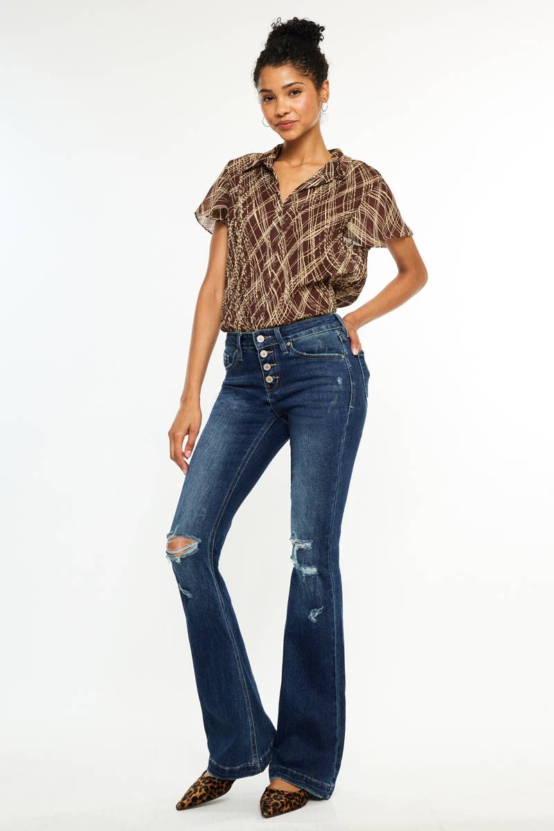 MID RISE BUTTON UP DISTRESS FLARE JEANS
