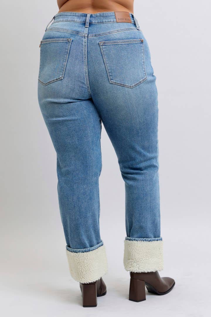 Judy Blue Plus Size High Waisted Shearling Cuff Straight Jeans