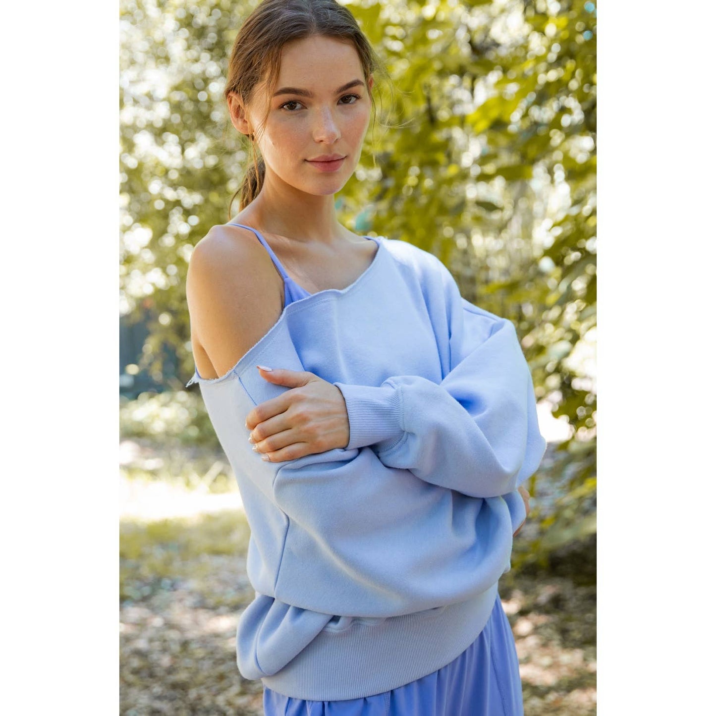FRENCH TERRY FLEECE OFF SHOULDER TOP