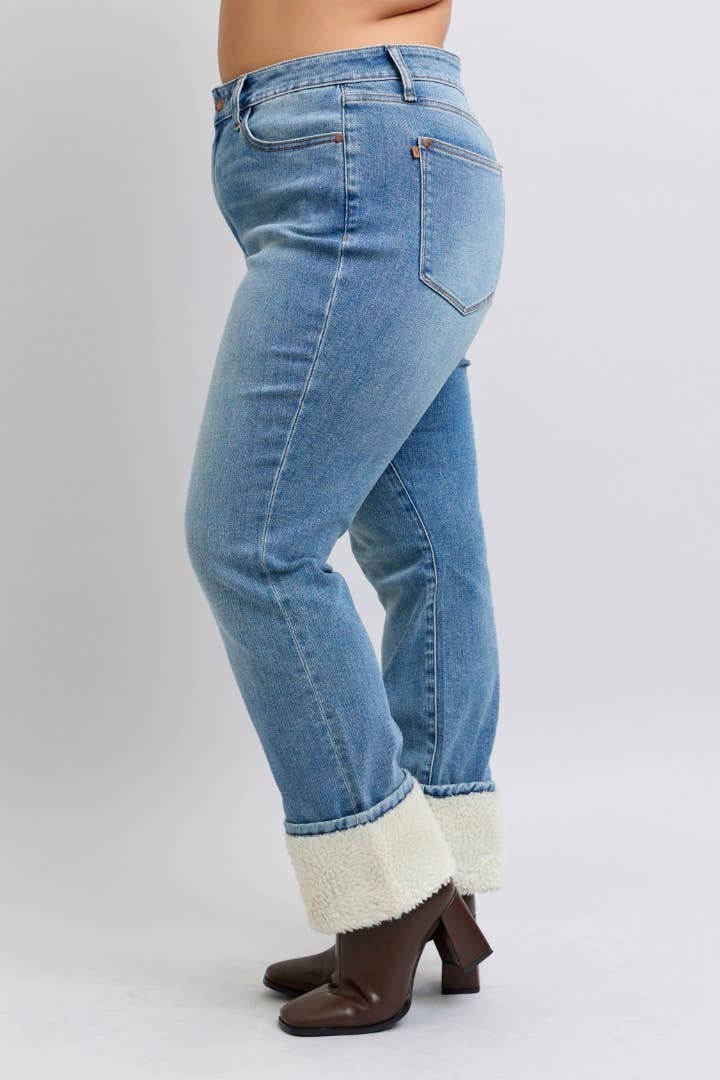 Judy Blue Plus Size High Waisted Shearling Cuff Straight Jeans