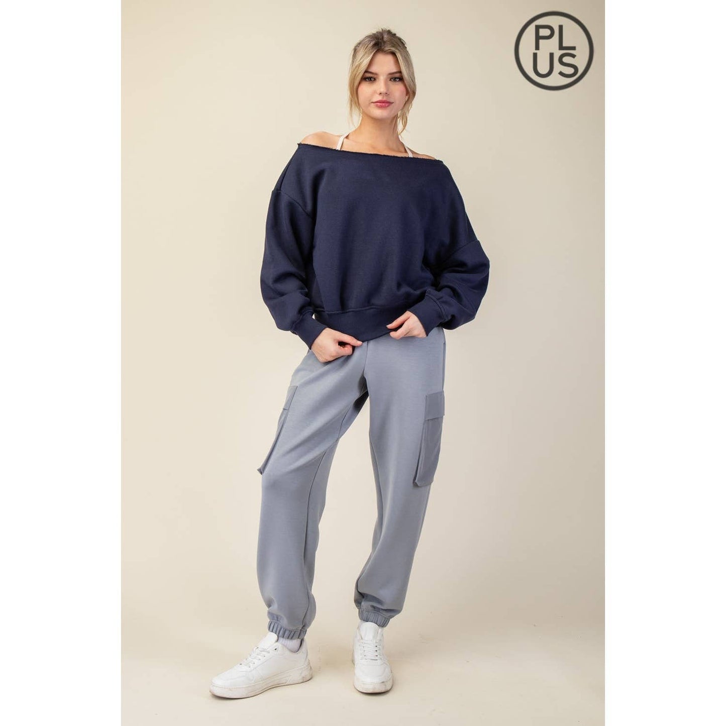 FRENCH TERRY FLEECE OFF SHOULDER TOP - Plus/Curvy