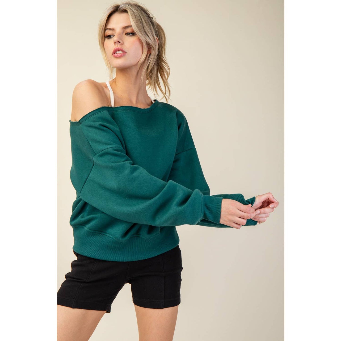 FRENCH TERRY FLEECE OFF SHOULDER TOP