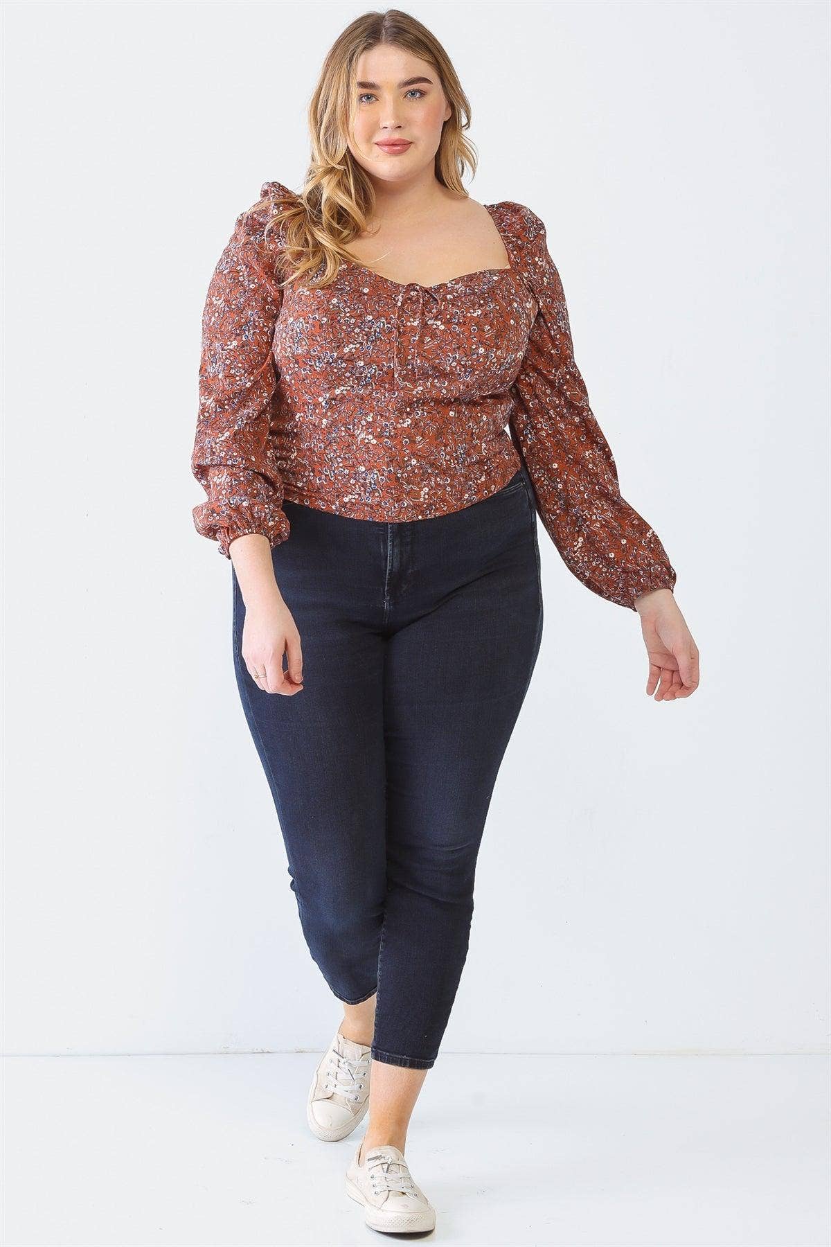 Plus Size Floral Print Square Neck Top – Smocked Back Long Sleeve Blouse