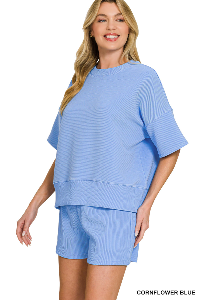 RIBBED ROUND NECK WAIST BANDED TEE & SHORTS SET