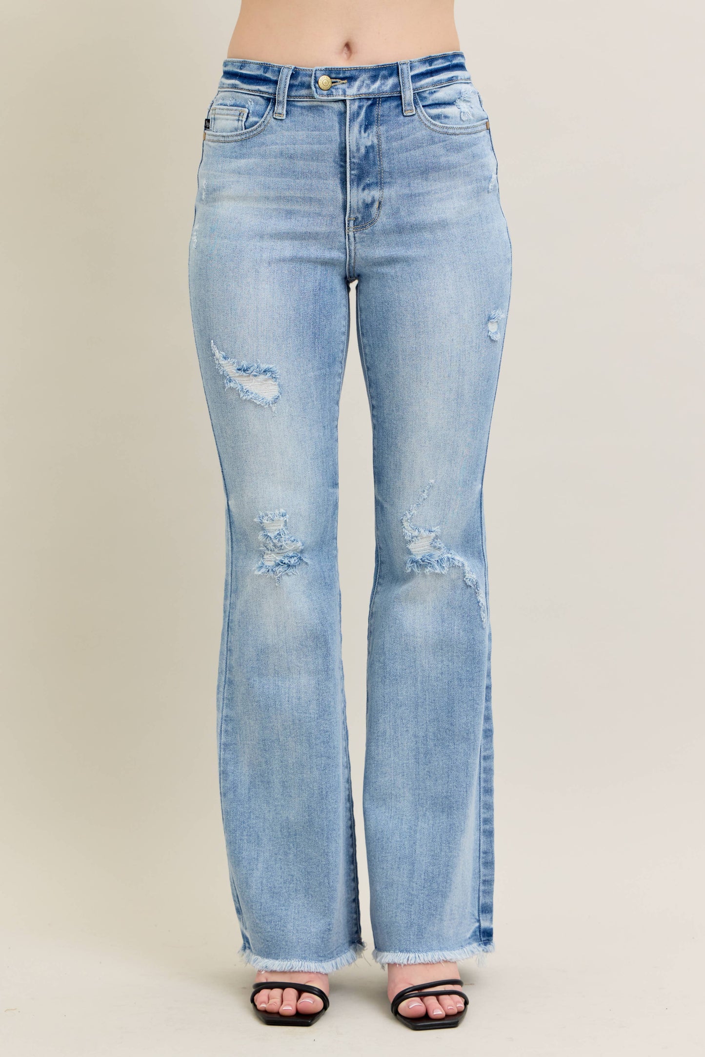 Judy Blue High Waisted Light Wash Flare Jeans with Shield Pockets