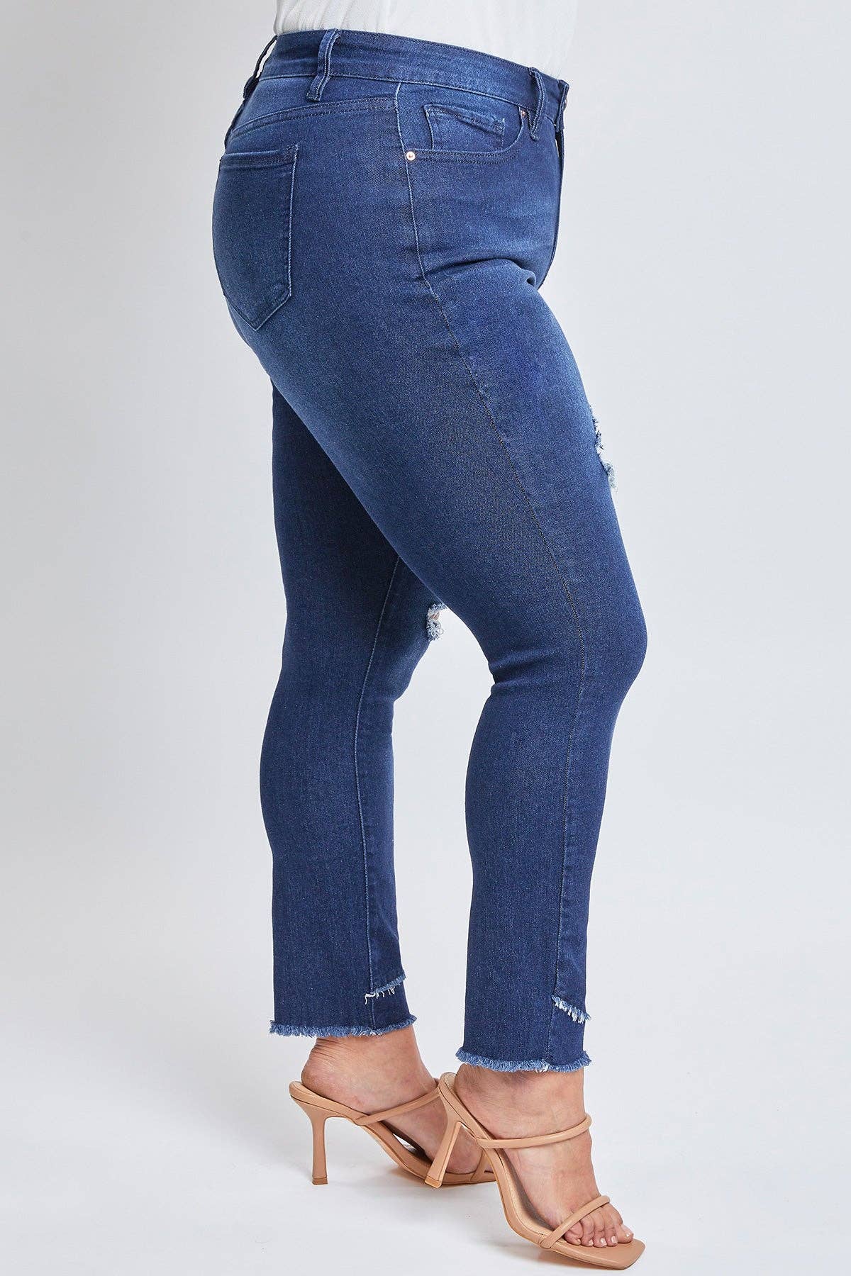 Plus Size Tummy Control Skinny Jeans – Double Slanted Frayed Hem, Distressed, High Rise