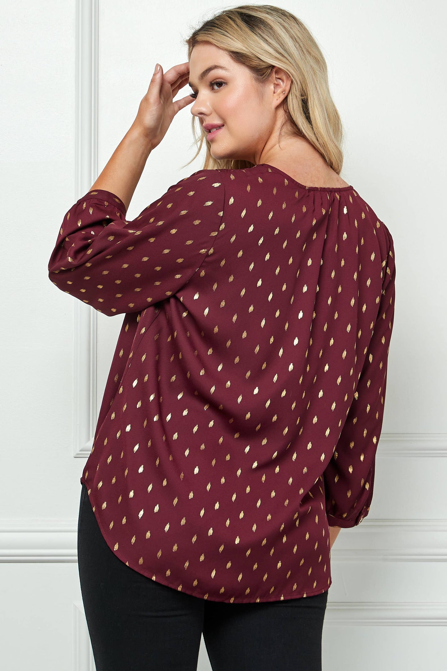 Plus Size Gold Dash Foil Blouse – Cuff Sleeve Smock Shoulder V-Neck
