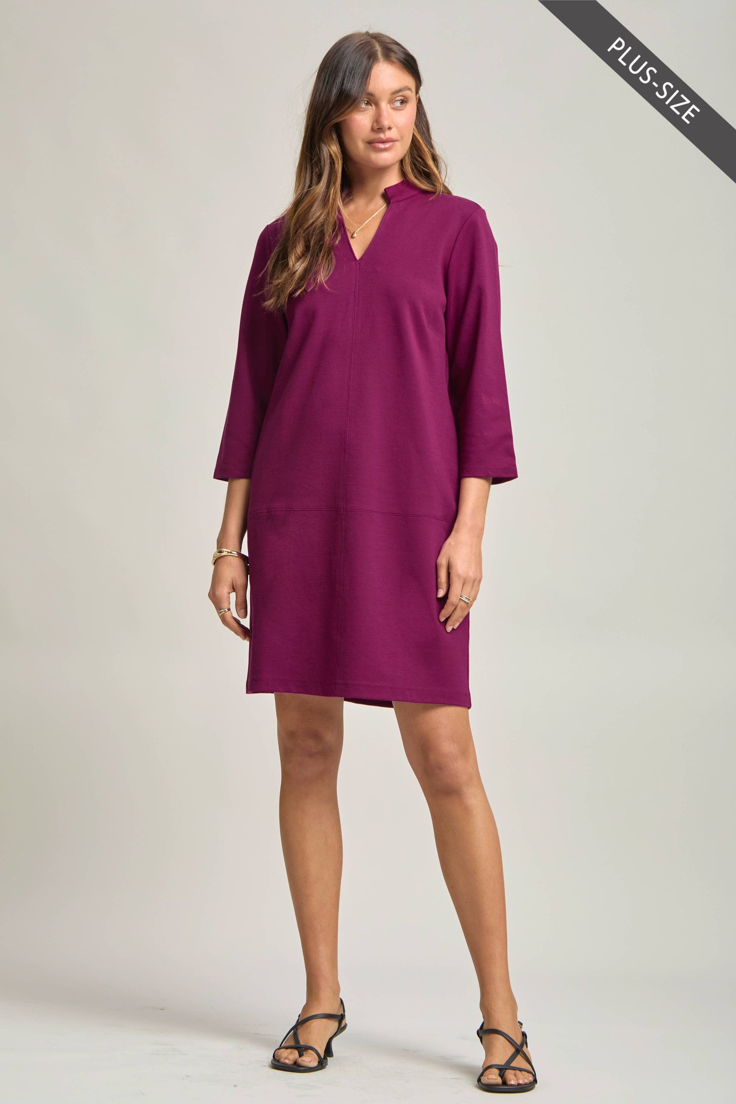 PLUS SIZE Magic Ponte A-Line Dress with Mandarin Collar – Work-Appropriate & Everyday Chic