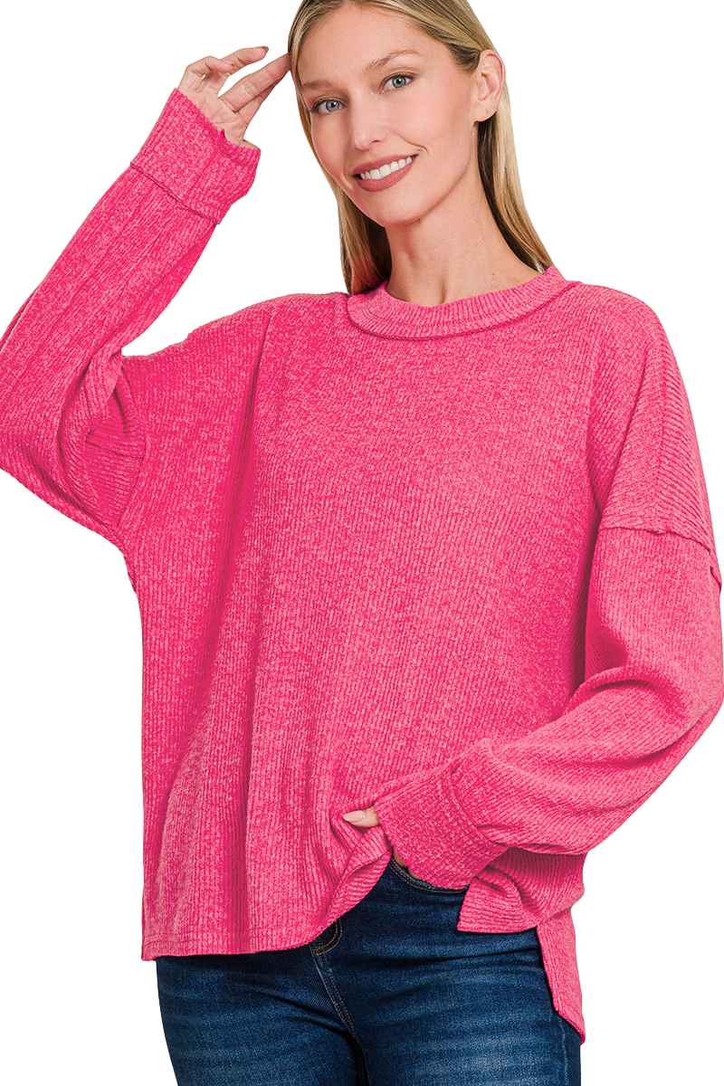 BRUSHED RIBBED HACCI EXPOSED SEAM DROP SHOULDER SWEATER
