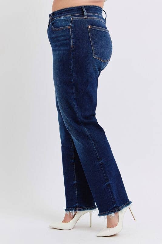 Judy Blue Plus Size Mid Rise Straight Leg Jeans with Fray Hem