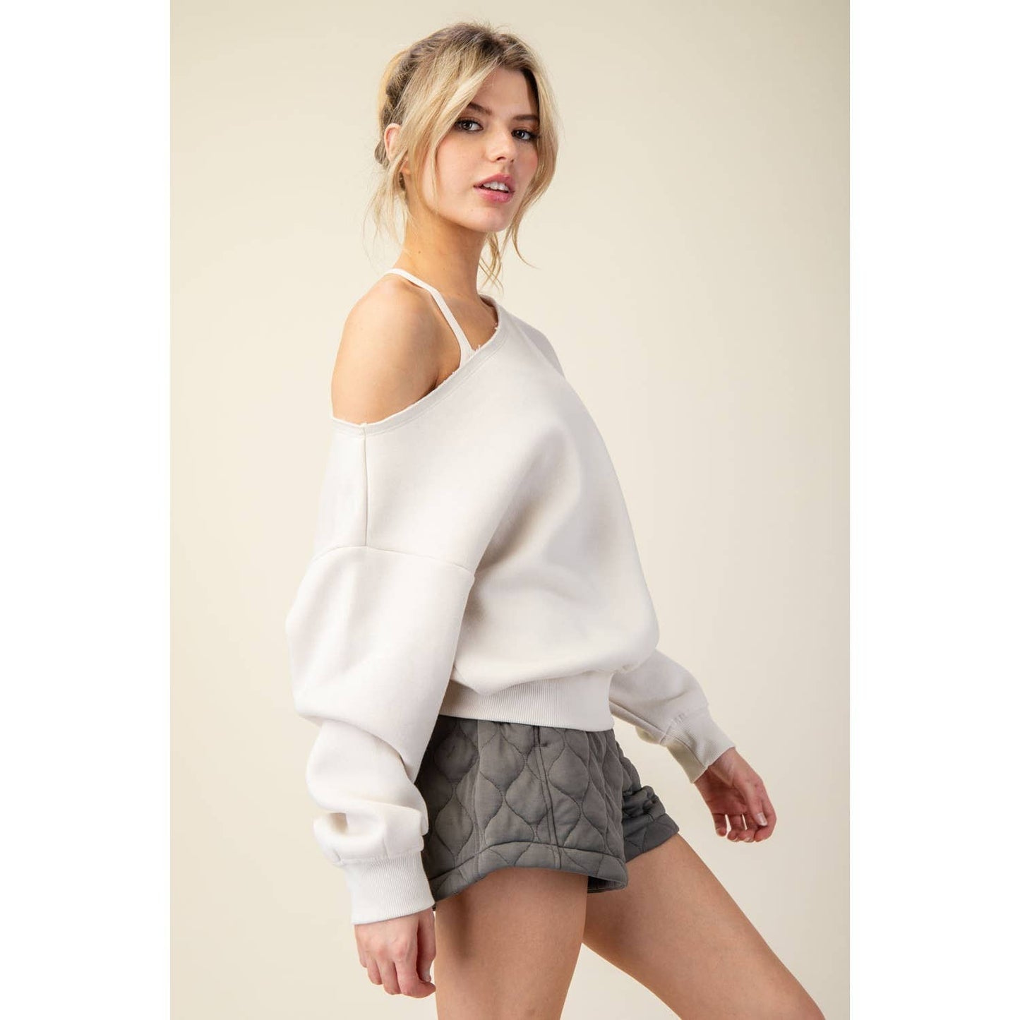 FRENCH TERRY FLEECE OFF SHOULDER TOP