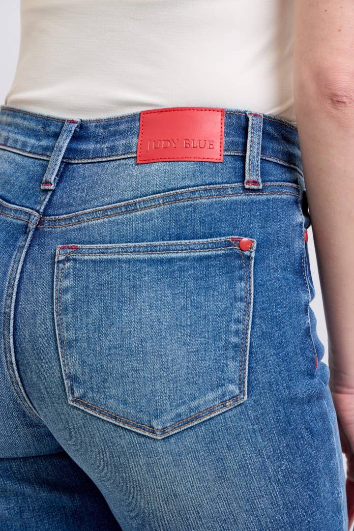MR Plaid Print Cuff Boyfriend Jeans by Judy Blue – Medium Wash, Cuffed or Uncuffed